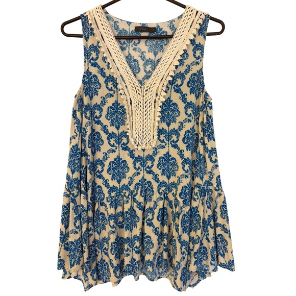 THML Tops - THML Blue Damask Print Crochet Trim‎ Sleeveless Babydoll Peplum Top Small boho